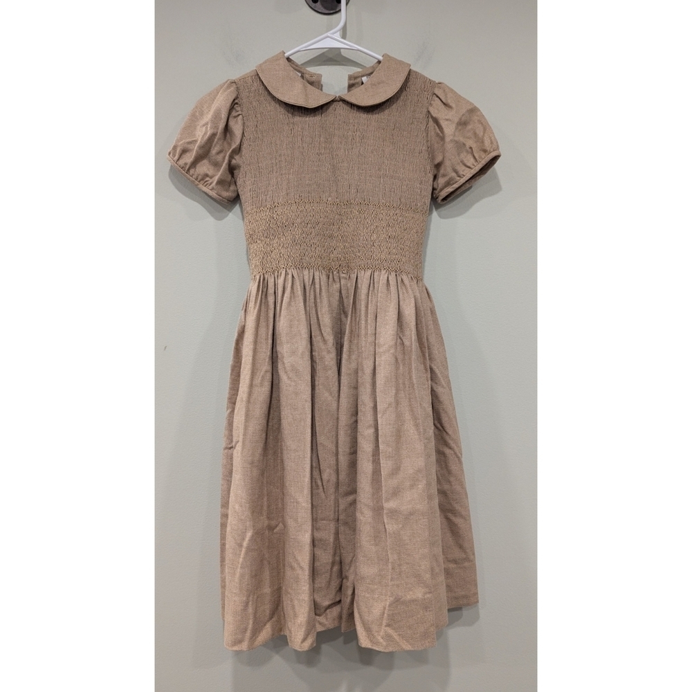 Fleurisse France Light Brown Smocked Tie Waist Virgin Wool Silk Dress 12 Years